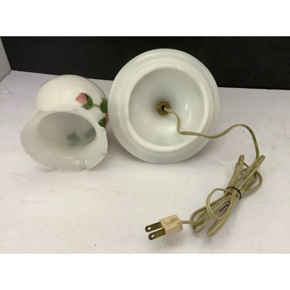 Vintage Milk Glass Hurricane Lamp Hand Painted Pink Roses Ruffled Boudoir Light